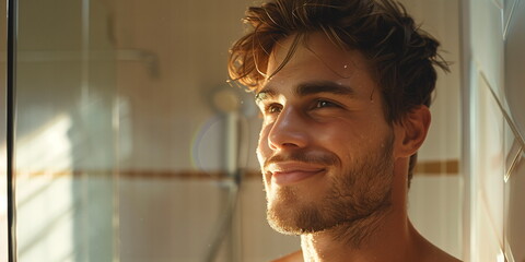 Young Man Reflecting in Sunlit Bathroom, banner with copy space