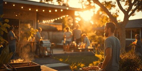 Fototapeta premium People enjoying a backyard barbecue at sunset