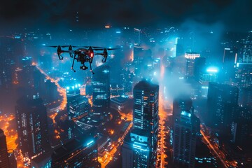 Amazing drone flying over futuristic night cityscape with modern skyline.