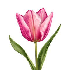 Close-up of a vibrant pink tulip flower with delicate petals and green leaves, Isolated on PNGs transparent background.