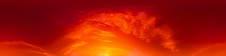 360 panorama of glowing sunset sky with bright pink Cirrus clouds. HDR 360 seamless spherical panorama. Full zenith or sky dome sky replacement for aerial drone panoramas. Climate and weather change.