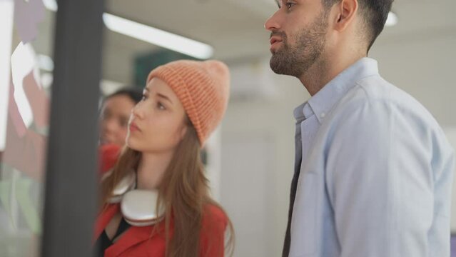 team of developers are currently discussing the feasibility of the project. By writing and pasting work on the glass. Dynamic brainstorming session with a focused team using a transparent idea board.