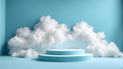 A blue room with a cloud shaped like a stage