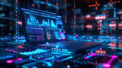 Obraz premium Holographic laptop displaying vibrant blue 3D charts and graphs The screen features various data visualizations