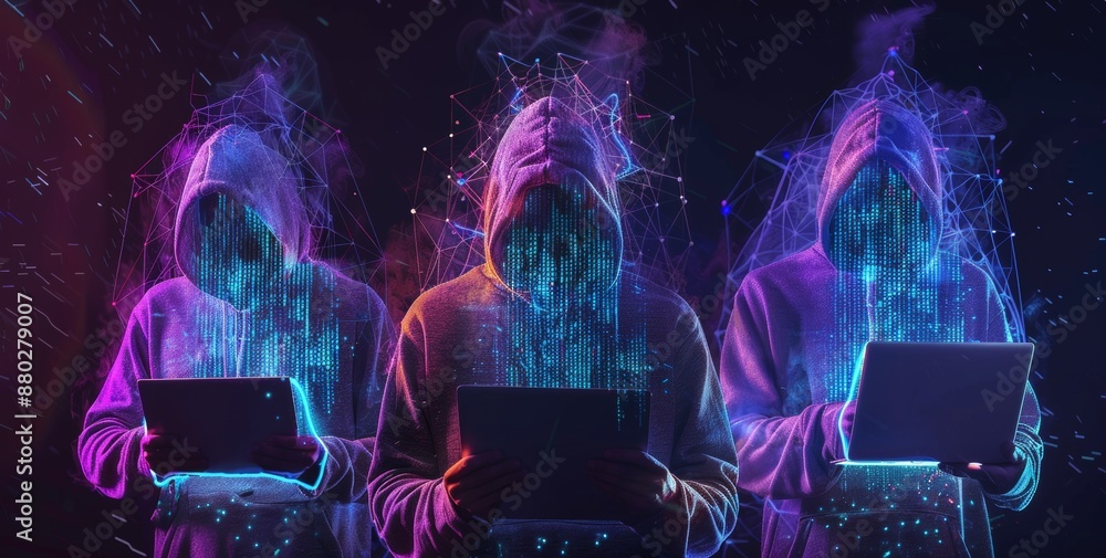 Poster digital hackers in hoodies working on laptops and tablets with futuristic virtual interfaces