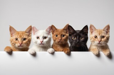 Four kittens with different fur colors peeking over white surface