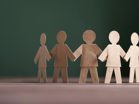 Interconnected paper dolls icon symbolizing collaboration and unity with copy space, focusing on all objects with deep depth of field.