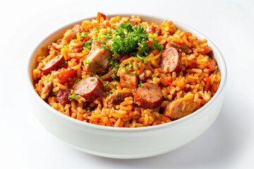 a bowl of rice with sausage and vegetables