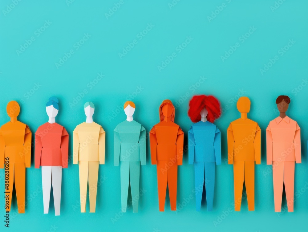 Poster iconic paper dolls united in a cohesive group, ideal for teamwork concepts with copy space and deep 