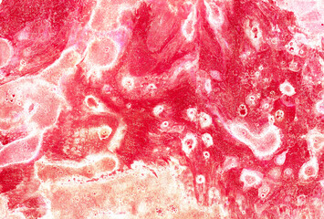 Abstract background of different shades of red and white spots, drops and dots. Colors are mixed, forming new shades. Pink, peach fluff, fuchsia, magenta. Soft, delicate texture.