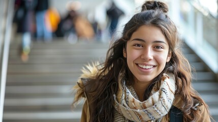 Fototapeta premium Smiling Young Woman with Long Hair in a City Setting