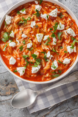 Mediterranean cuisine orzo pasta with spicy tomato sauce, feta, garlic, onion, carrots closeup on the plate on the table. Vertical top view from above