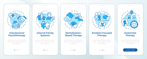 Mental counseling differences blue onboarding mobile app screen. Walkthrough 5 steps editable graphic instructions with linear concepts. UI, UX, GUI template. Montserrat SemiBold, Regular fonts used
