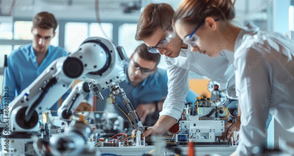 Poster team of engineers working on robotics project in modern lab, developing innovative technology