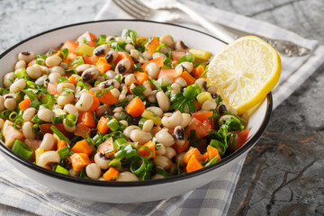 Delicious salad with black-eyed beans, carrots, onions, tomatoes, basil, parsley dressed with olive oil and lemon juice closeup on the plate on the table. Horizontal