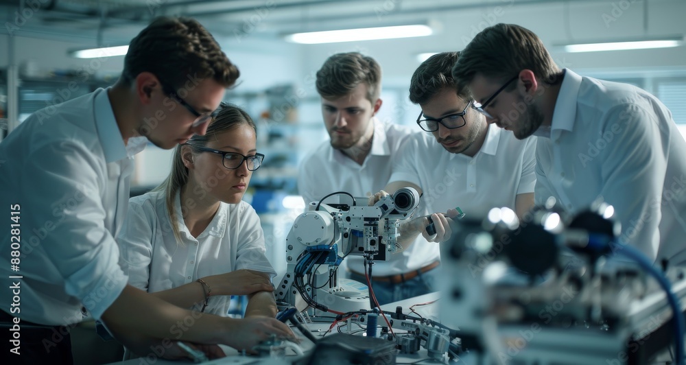 Poster group of engineers collaborating on a robotics project in a high-tech laboratory