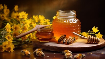Golden honey jar with delicate flowers and natural honeycomb, organic sweetness and floral elegance in close-up shot


