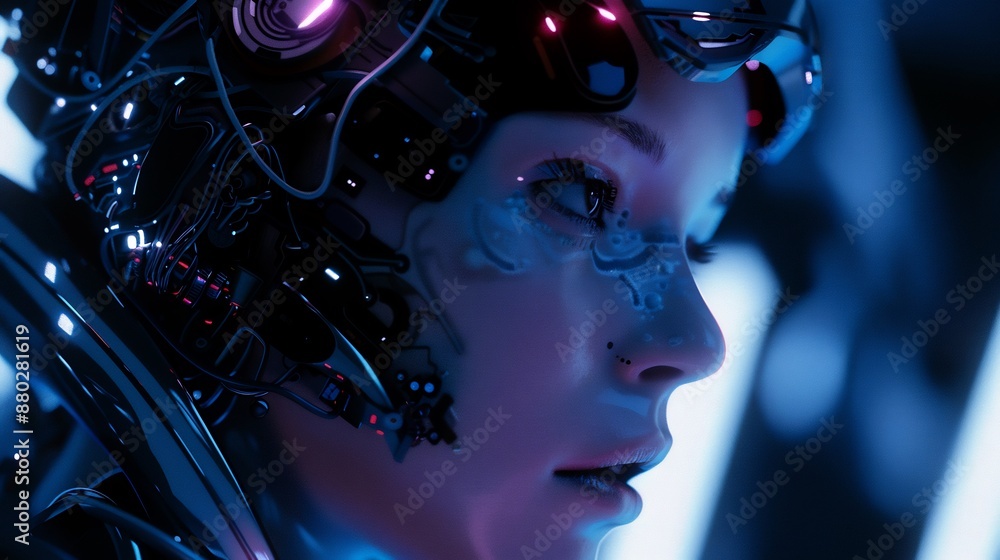 Poster artificial intelligence robot, woman robot face with graphic technology with glowing face