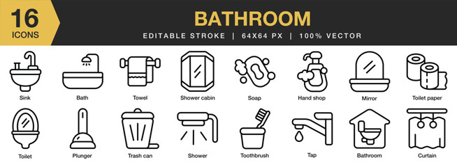 Set of 16 Bathroom icon set. Editable Stroke Icon Collection. Includes bath, mirror, soap, shower, sink, toilet, towel, and More. Outline icons vector collection.