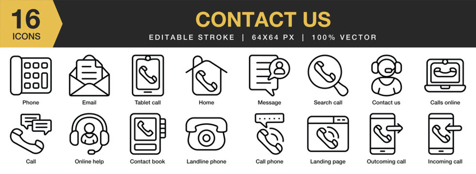 Set of 16 Contact Us icon set. Editable Stroke Icon Collection. Includes call phone, contact book, email, landing page, home, out coming call, and More. Outline icons vector collection.