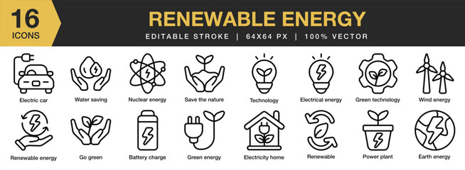 Set of 16 Renewable Energy icon set. Editable Stroke Icon Collection. Includes battery charge, earth energy, electric home, go green, technology, and More. Outline icons vector collection.