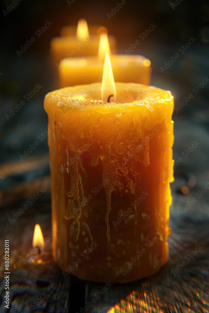 Poster A close-up shot of a lit candle on a table, perfect for adding ambiance to your image or design