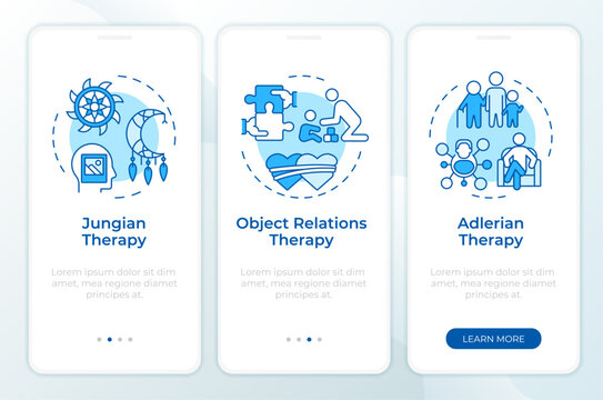Psychodynamic therapy types blue onboarding mobile app screen. Walkthrough 3 steps editable graphic instructions with linear concepts. UI, UX, GUI template. Montserrat SemiBold, Regular fonts used