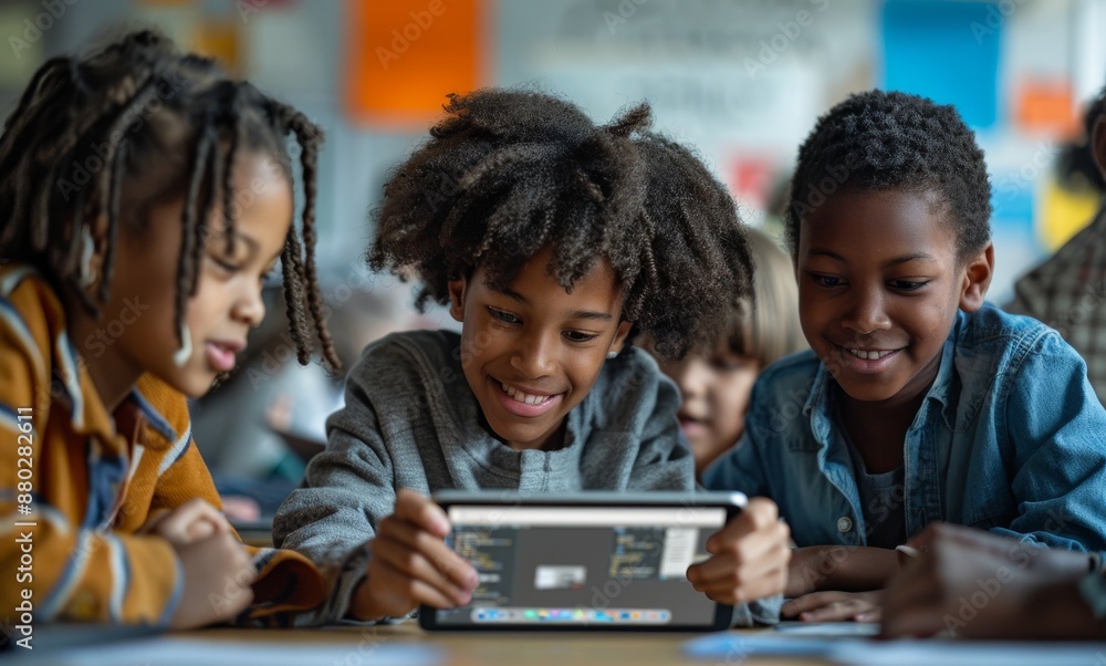 Aufkleber three children engaged in learning with a tablet in a classroom setting