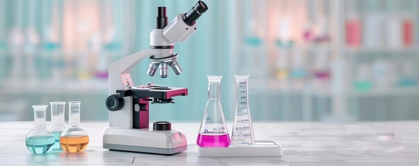 A microscope and beakers with colorful liquids sit on a white table in a laboratory.