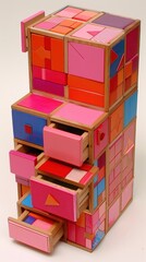 A brightly colored wooden chest of drawers with one drawer pulled out, showcasing the intricate modular design