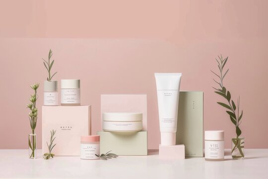 Minimalist Skincare Products Displayed with Greenery