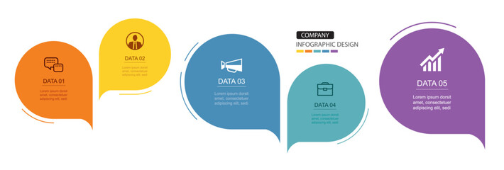 Infographics speech bubbles timeline with 5 number data template. Illustration abstract background.