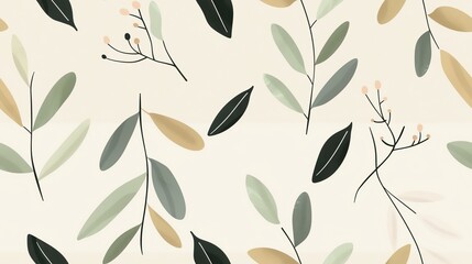 Seamless botanical pattern with green and beige leaves on white background, perfect for wallpaper and textiles.