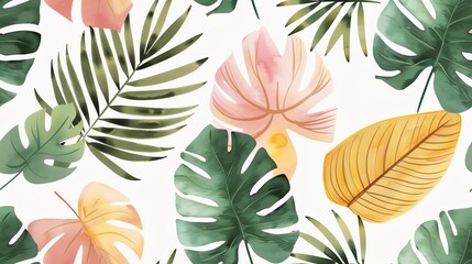 Seamless tropical foliage pattern with green, yellow, and pink leaves. Perfect for summer designs, backgrounds, and textiles.