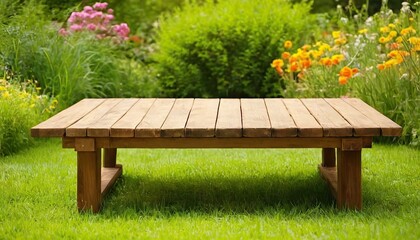 Fototapeta premium Empty wooden table with party in garden background blurred 191