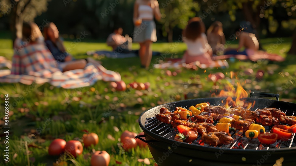 Wall mural close-up of a grill with food cooking, with a group of people picnicking in the background.