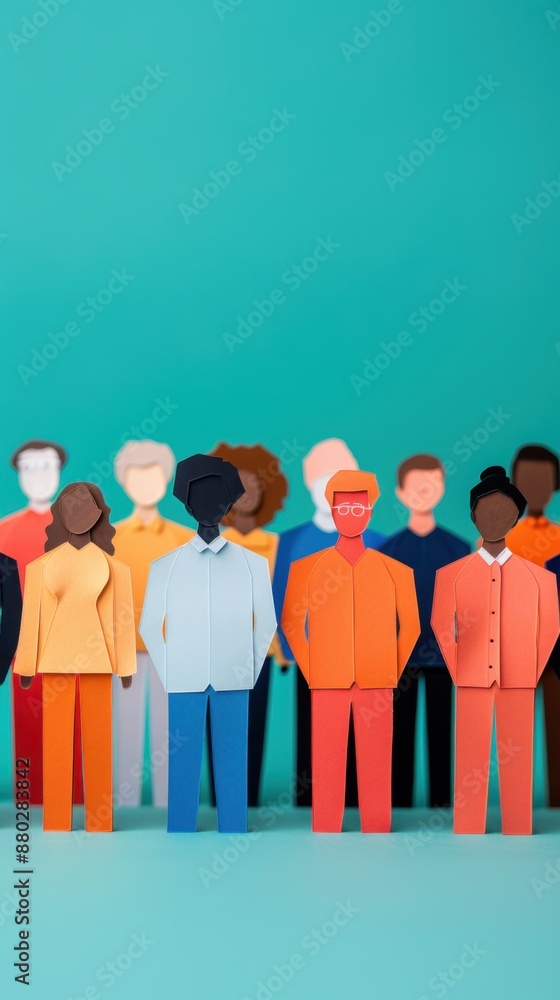 Poster diverse team of paper cutouts collaborating, inclusive teamwork concept with copy space, deep depth 