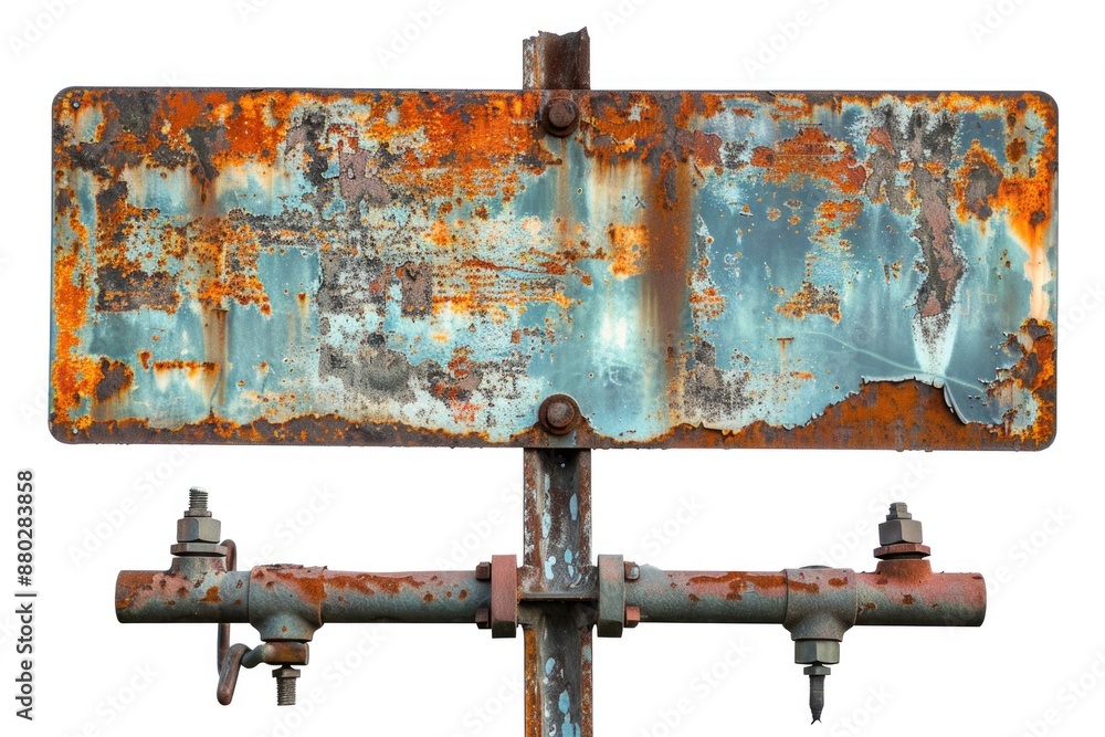 Poster Old metal sign standing upright on a pole, with rusty texture and weathered appearance