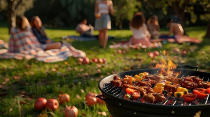 Close-up of a grill with food cooking, with a group of people picnicking in the background.