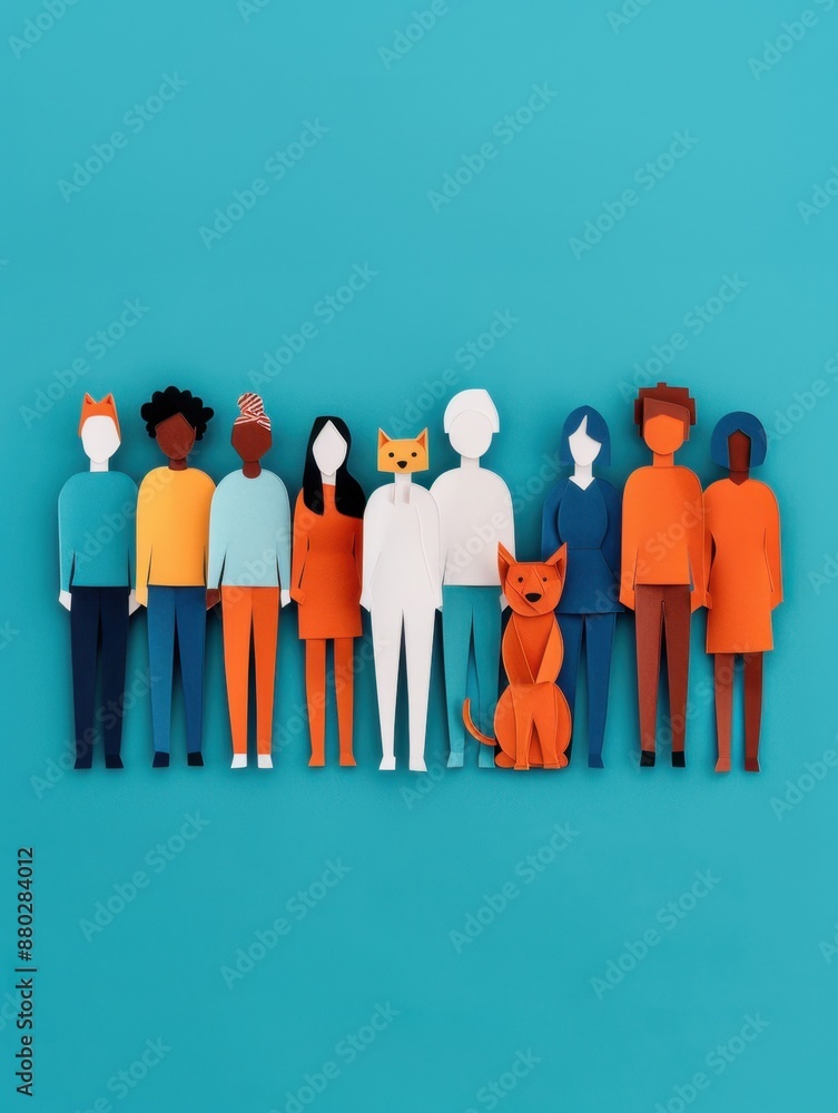 Poster diverse paper cutouts team for teamwork and collaboration with copy space, covering all objects, dee