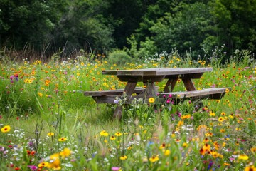 Naklejka premium Picnic Table in a Field of Wildflowers