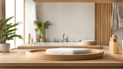 Fototapeta premium A bathroom with a bathtub and a wooden tray with a white towel on it