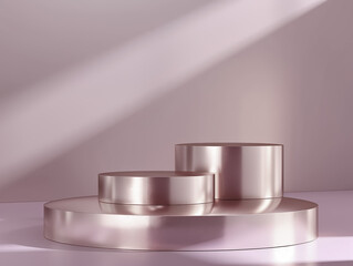 Rose gold metallic sculpture product display  podium background or stage placement platform in geometric circular shape.elegant luxury pink design space