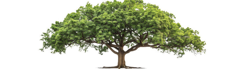 Fototapeta premium Magnificent green tree with sprawling branches and lush leaves isolated on white background, capturing the essence of natural beauty and tranquility.