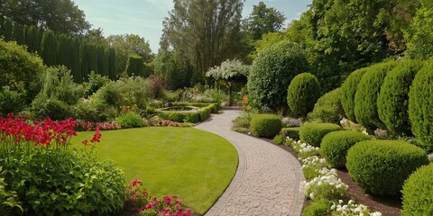 Obraz premium Lush garden with colorful flowers lining a winding pathway, nature, garden, pathway, flowers, blooming, colorful, beautiful 