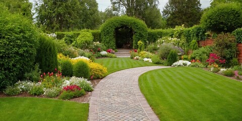 Lush garden with colorful flowers lining a winding pathway, nature, garden, pathway, flowers, blooming, colorful, beautiful

