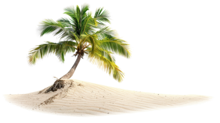 Picturesque small sandy island with lush green palm trees isolated on white background, a tropical paradise feel.