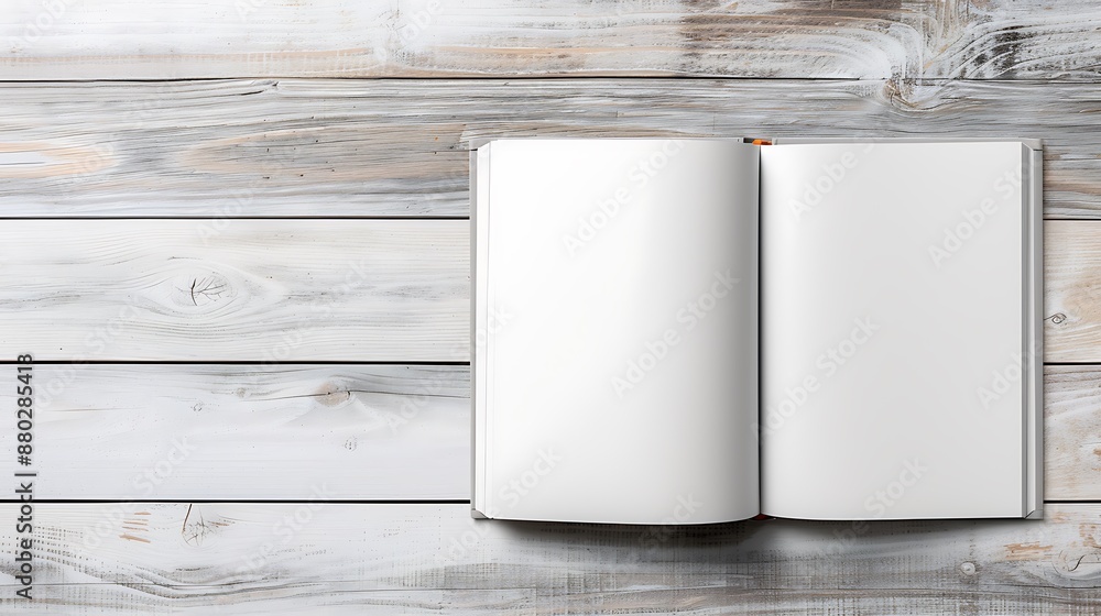 Poster igh angle shot create an image with a notebook lying open on a wooden surface, showcasing a clean wh