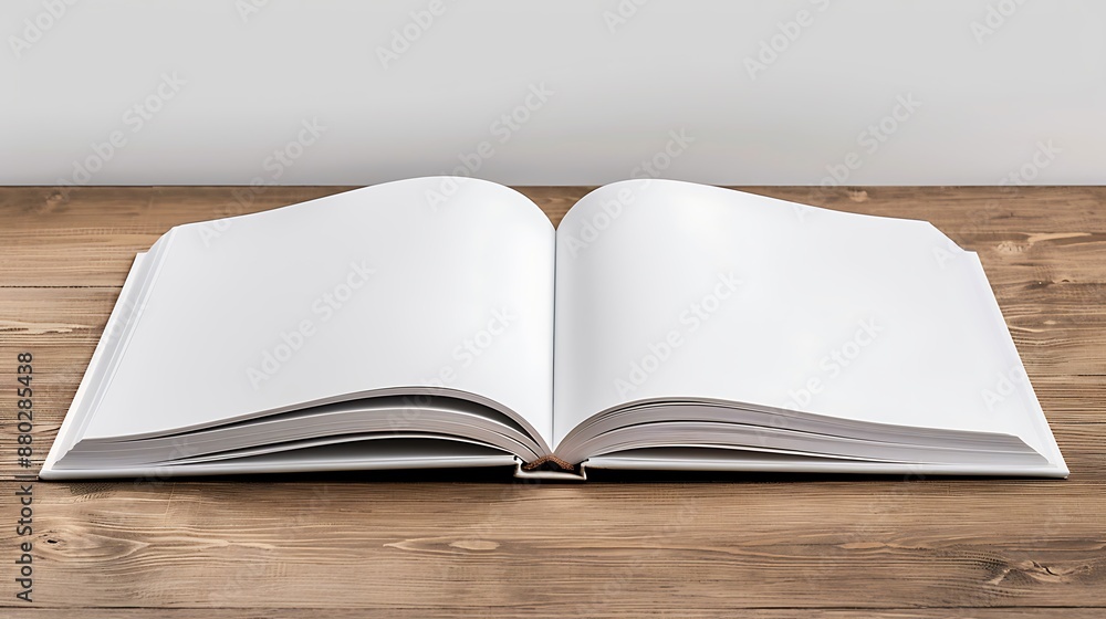 Poster igh angle shot create an image with a notebook lying open on a wooden surface, showcasing a clean wh