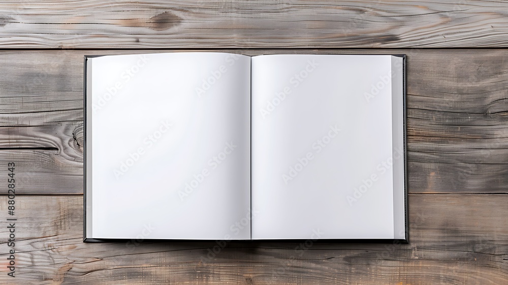 Poster igh angle shot create an image with a notebook lying open on a wooden surface, showcasing a clean wh